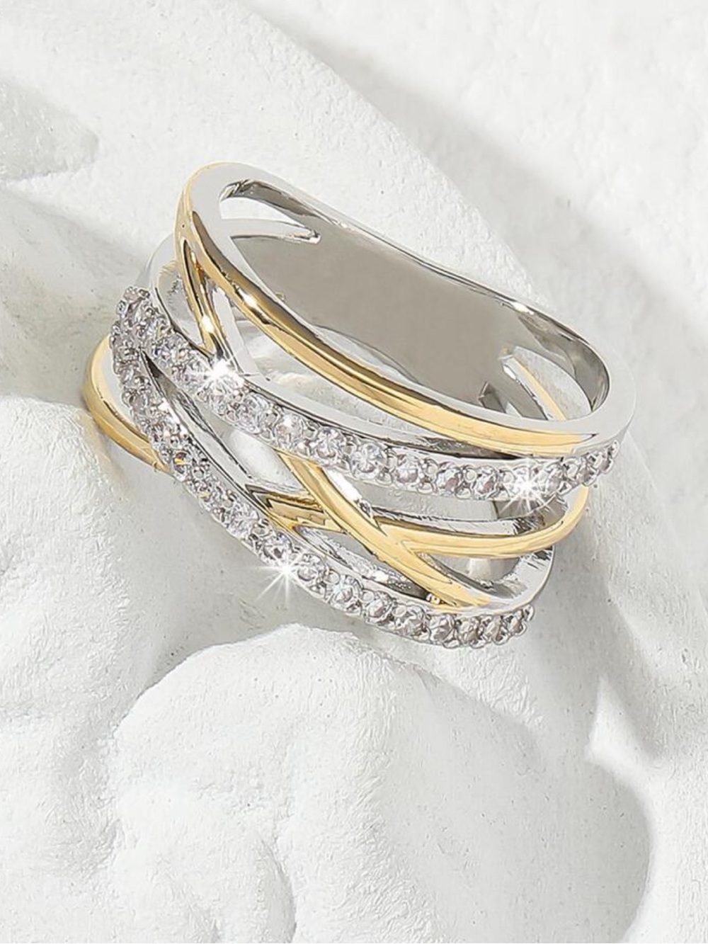 Two-Tone Gold & Silver Pavé Crisscross Ring